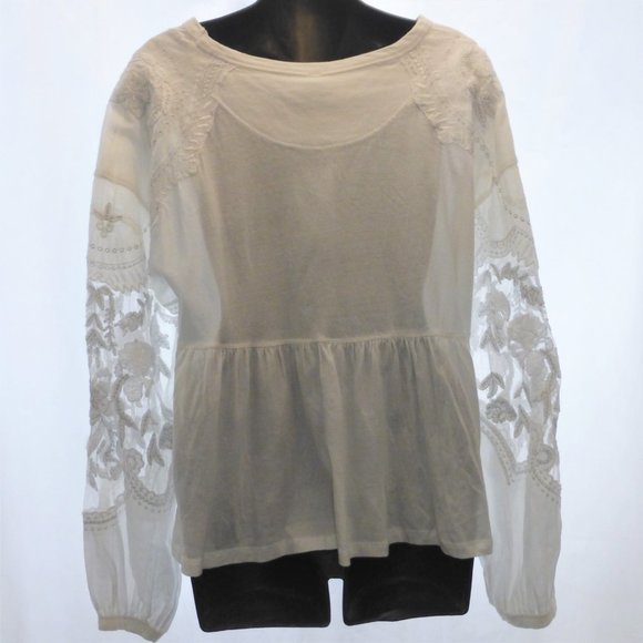 Small Free People White Cotton Embroidered Penny Tee Peasant Blouse Lace Sleeves - Picture 3 of 6